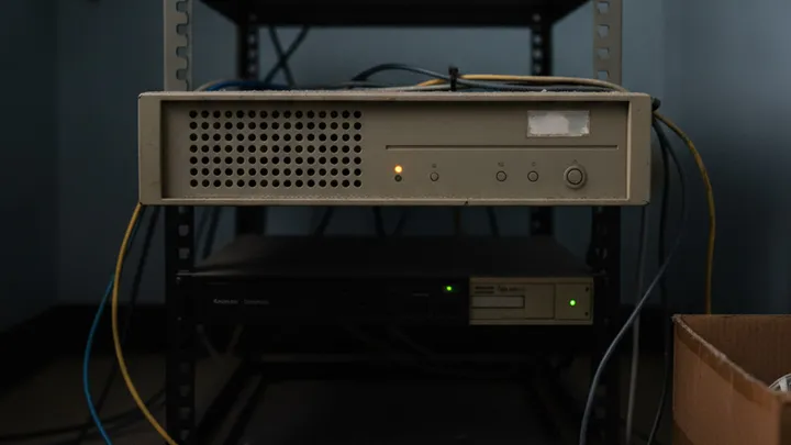 Servidor de rack antiguo, de carcasa beige ya amarillenta, montado en un bastidor a medio llenar dentro de un cuarto pequeño. Tiene polvo encima, cables de red sueltos colgando por los lados y una caja de cartón en el suelo al lado