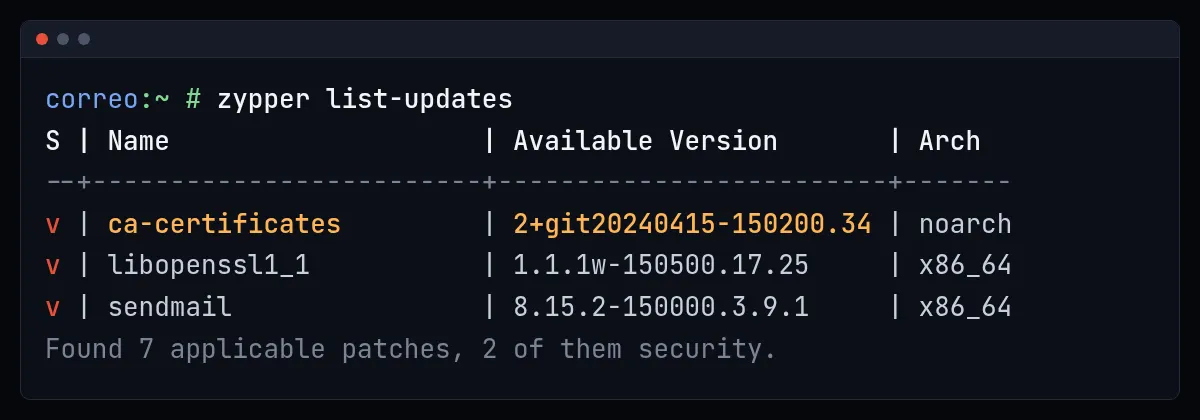 Terminal del servidor de correo con la salida de zypper list-updates: tres paquetes pendientes, ca-certificates resaltado, libopenssl1_1 y sendmail. Al pie indica que hay siete parches aplicables, dos de ellos de seguridad